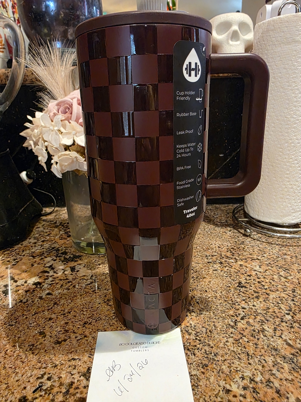 HydroJug Brown and Black Checkered Insulated Travel Mug with Handle